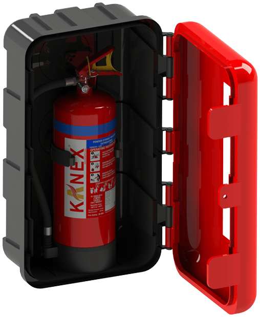 Fire extinguisher stored inside an open Kanex protective box for safety and visibility