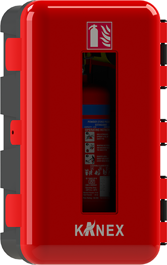 Closed Kanex fire extinguisher box with inspection window for emergency visibility