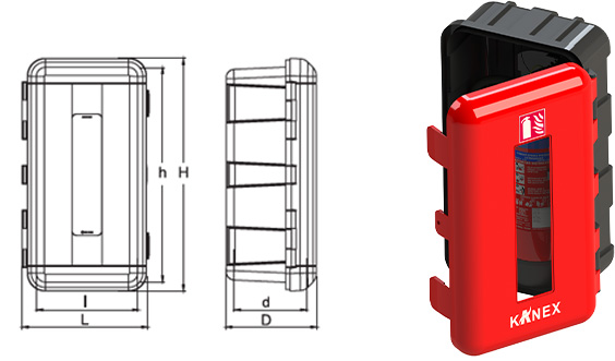 Technical drawing and 3D view of Kanex fire extinguisher box showing dimensions and design