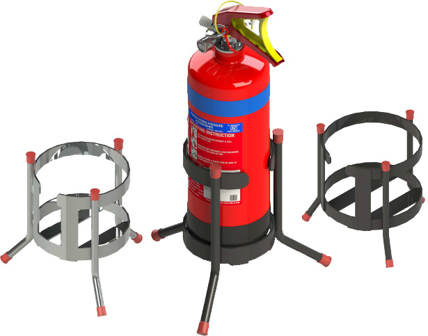 Fire extinguisher securely placed on a Kanex floor stand for stable and safe use