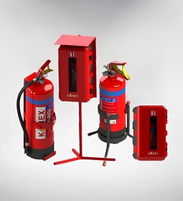 Fire extinguisher accessories including wall-mounted cabinets, safety stands, and portable fire extinguishers in red color